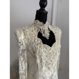 Vintage 80s Ivory Bride Wedding‎ Dress Beaded Long Sleeve S/M Statement Gown